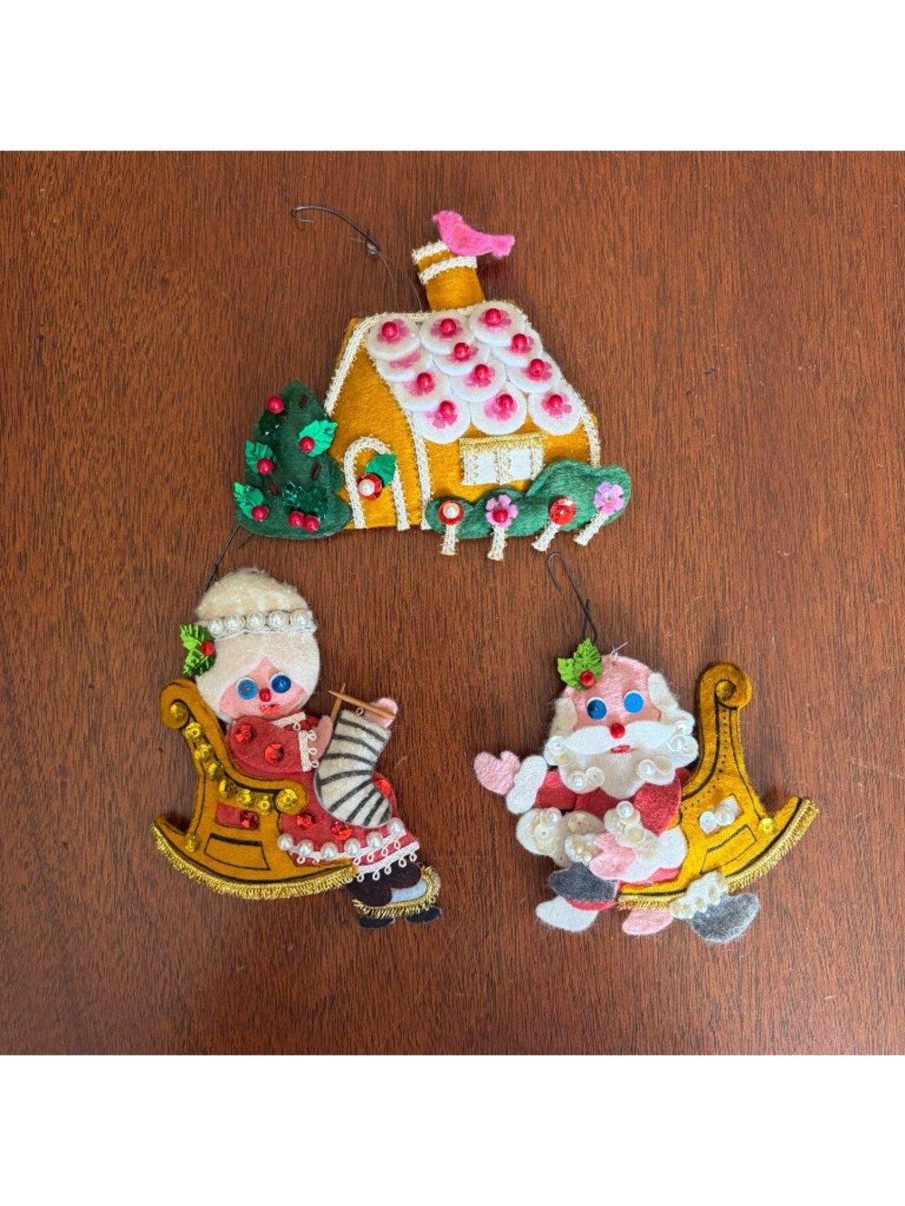 3 Vintage Handmade Felt Christmas Ornaments Santa Mrs Claus Ginger House Sequins